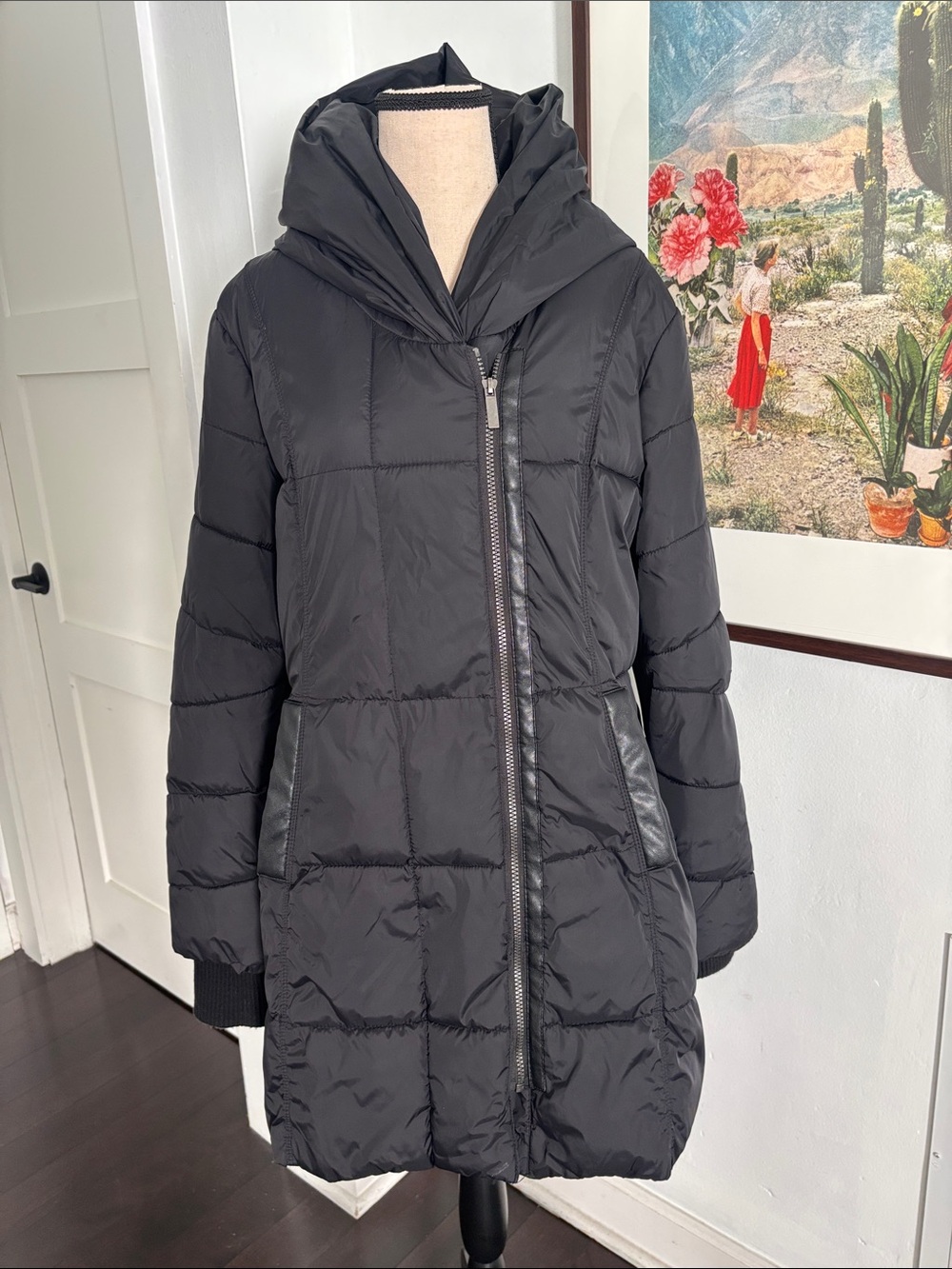 French Connection Black Hooded Asymmetrical Puffer Coat